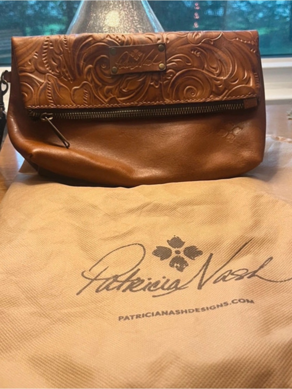 Patricia Nash Tooled Leather Fold-Over Clutch - Cognac Brown NWOT
